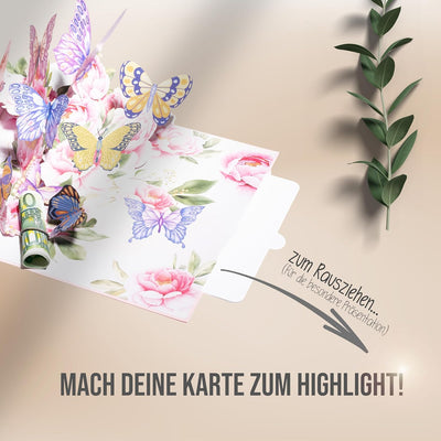 3D Pop Up Karte Schmetterlinge und Blumen mit Umschlag